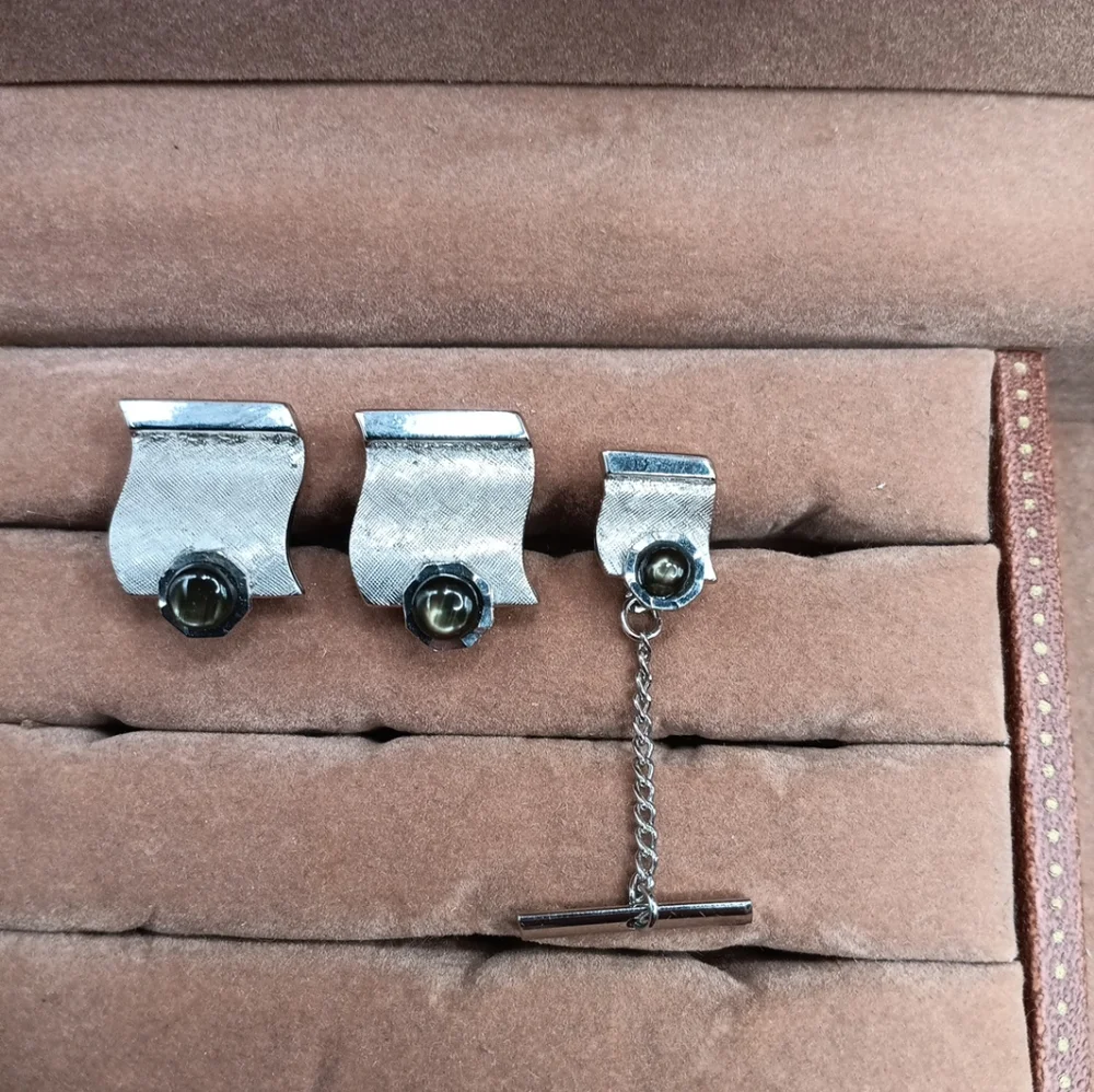 EUC Antique 1920s Hickok 3 Piece Silver Black Onyx Cufflinks & Lapel Pin!